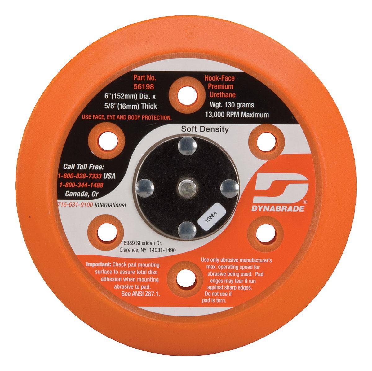 Dynabrade 56198 6-inch diameter vacuum disc pad with hook face and short nap for backup pad applications.