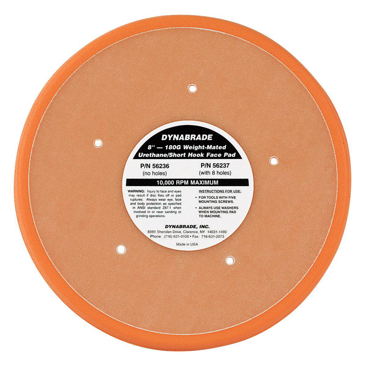 Dynabrade 56236 8-inch diameter non-vacuum disc pad with hook face and short nap for backup pad applications.