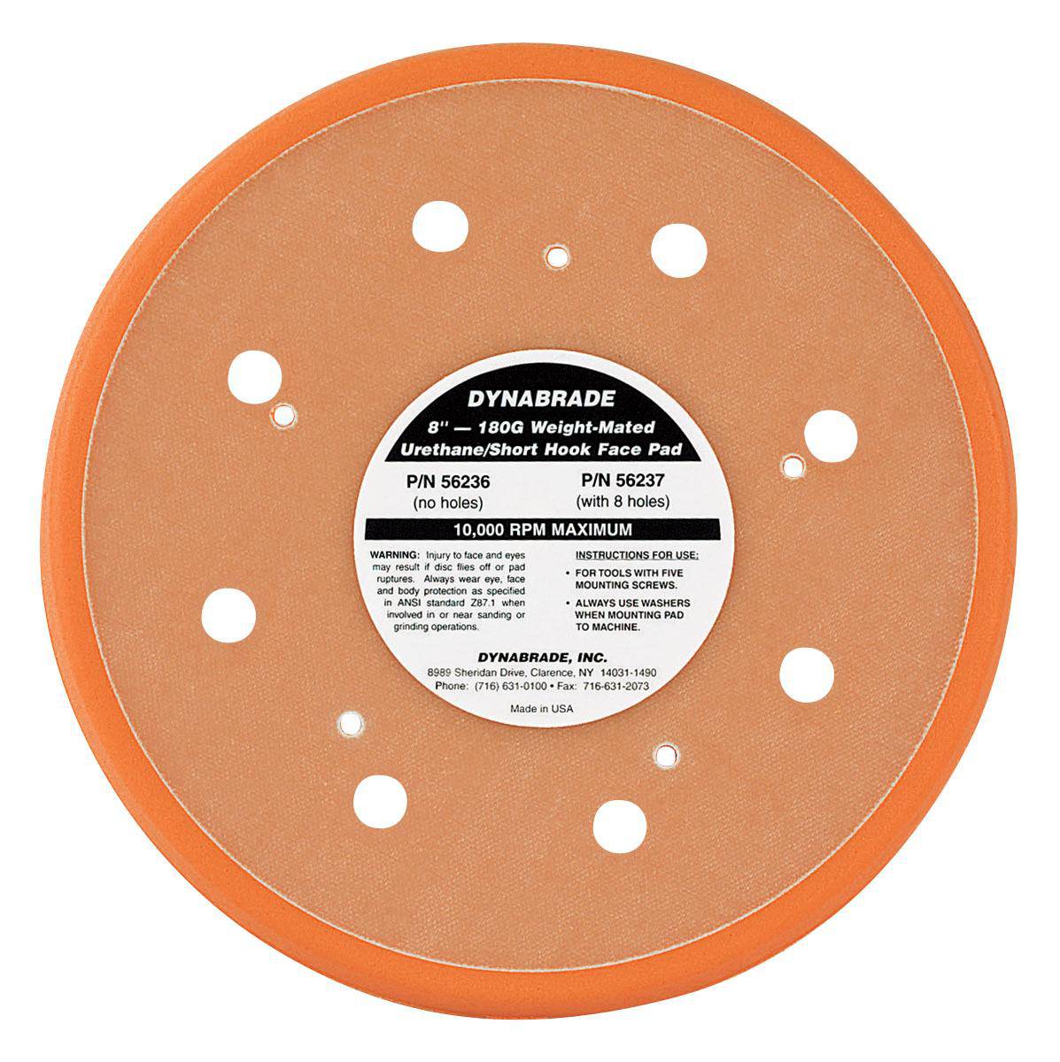 Dynabrade 56237 vacuum disc pad with hook face, 8-inch diameter backup pad for power sanding and polishing tools.