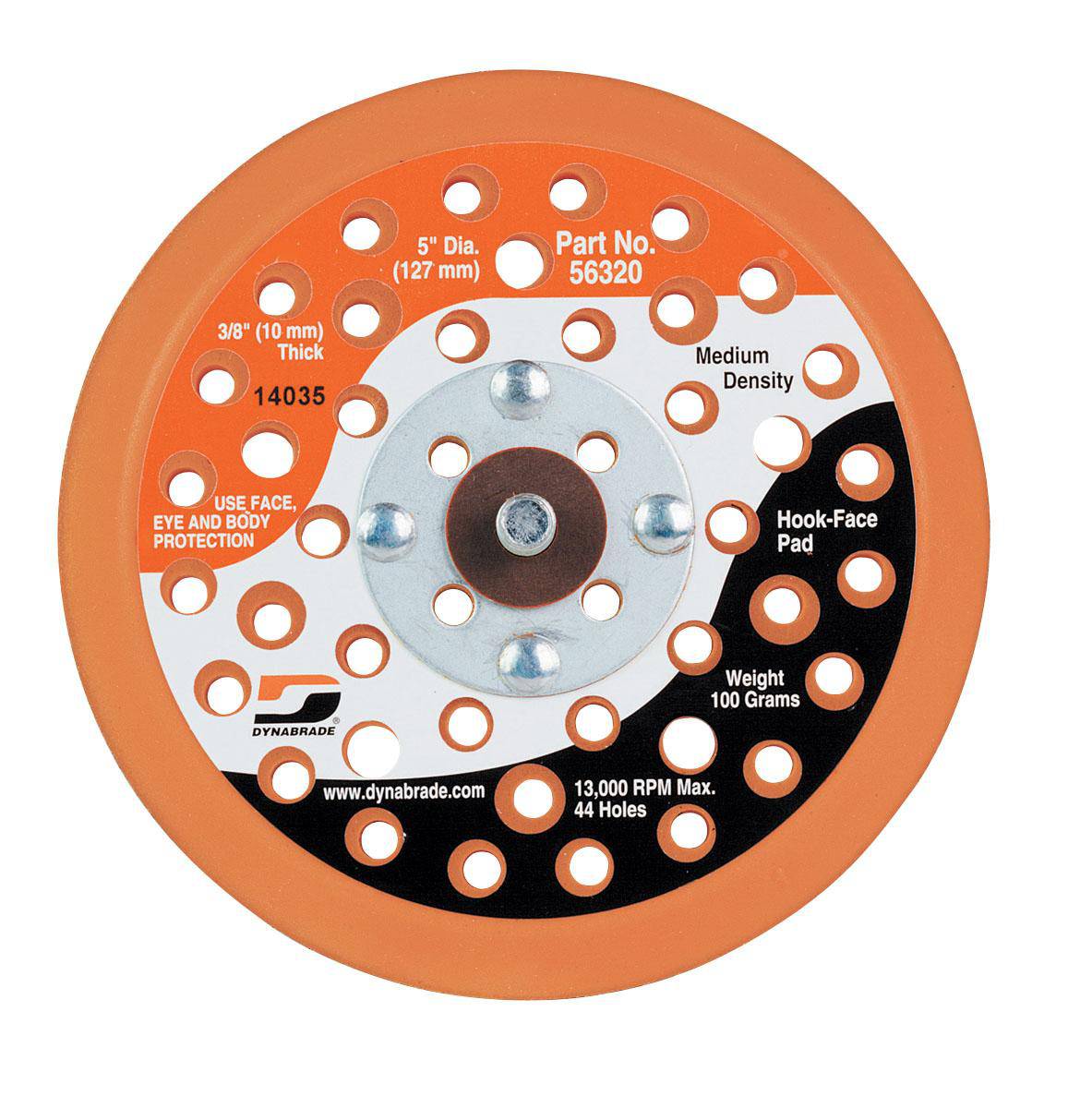 Dynabrade 56320 5-inch diameter vacuum disc pad with hook face and 4 holes for backup sanding and polishing.