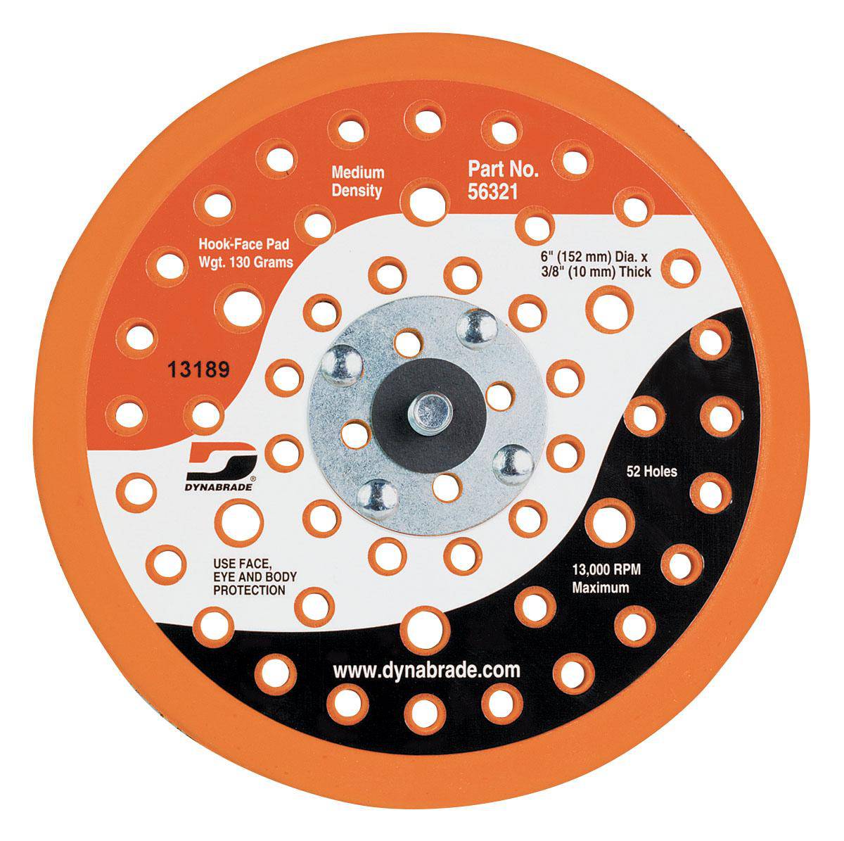 Dynabrade 56321 6-inch vacuum disc backup pad with hook face and 52 holes for efficient dust extraction.