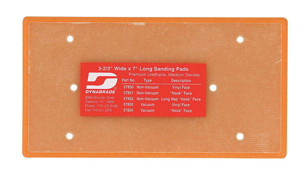 Dynabrade 57850 backup pads with vinyl PSA, 3/8 inch medium size, measuring 3-2/3 x 7 inches for sanding and polishing.
