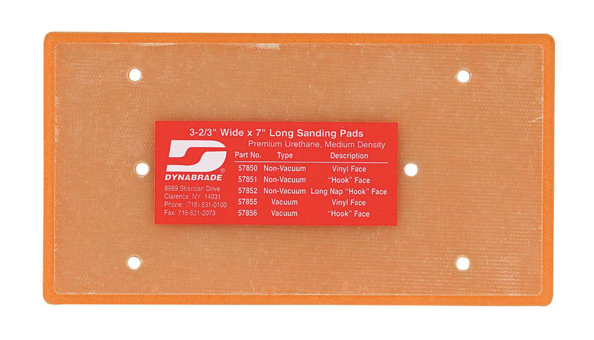 Dynabrade 57850 backup pads with vinyl PSA, 3/8 inch medium size, measuring 3-2/3 x 7 inches for sanding and polishing.