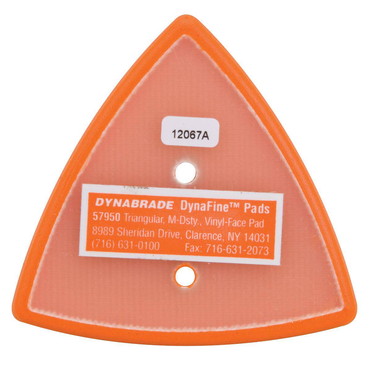 Dynabrade 57950 backup pads, Stikit triangle yellow, compatible with sanding tools, shown attached to a power sander.