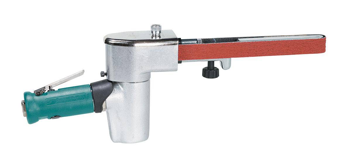 Dynabrade pneumatic belt sander with arm attachment, model 40326, for metal grinding and finishing tasks.