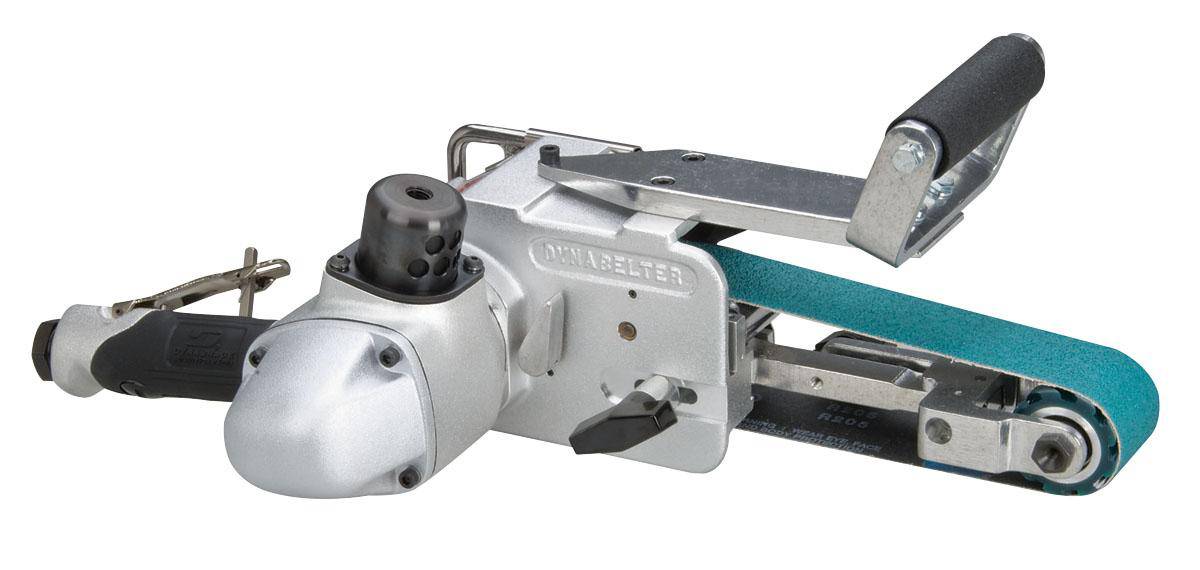 Dynabrade Dynabelter 11477 pneumatic belt sander, heavy-duty 2HP model, with metal belt and ergonomic design for industrial use.