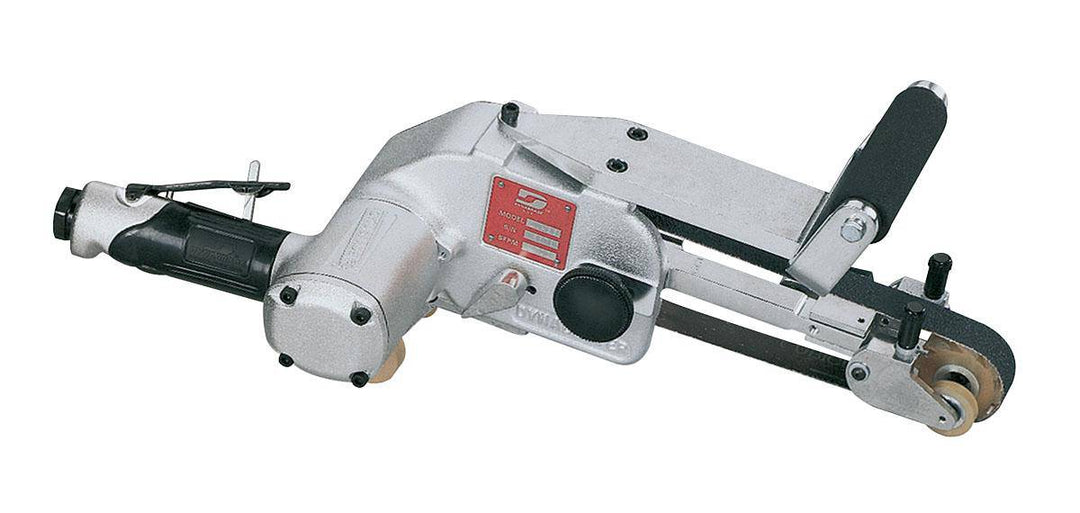 Dynabrade Dynabelter 11486 abrasive belt grinder with 1.2 HP, right-angle design, 13000 RPM, front exhaust, for 1x30 belts.