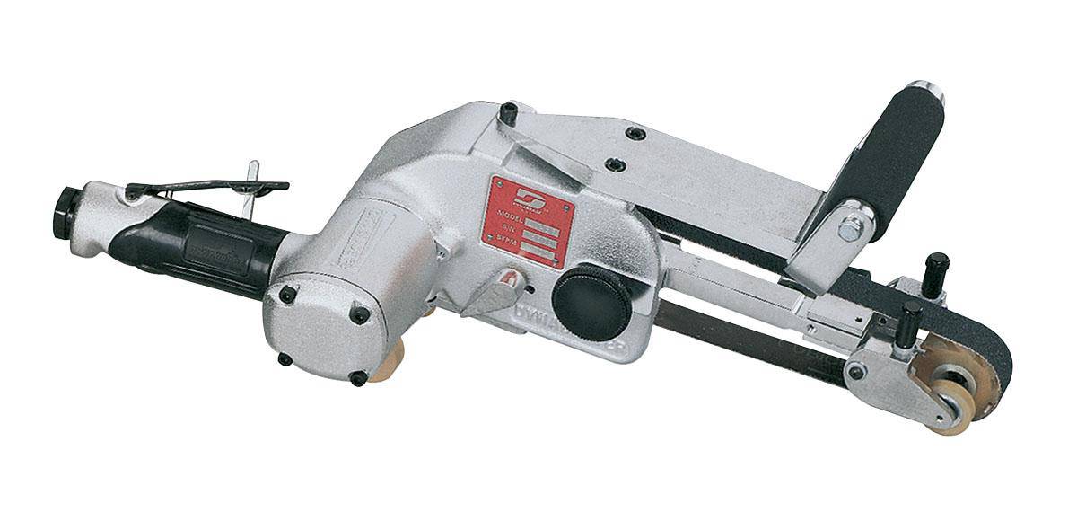 Dynabrade Dynabelter 11486 abrasive belt grinder with 1.2 HP, right-angle design, 13000 RPM, front exhaust, for 1x30 belts.