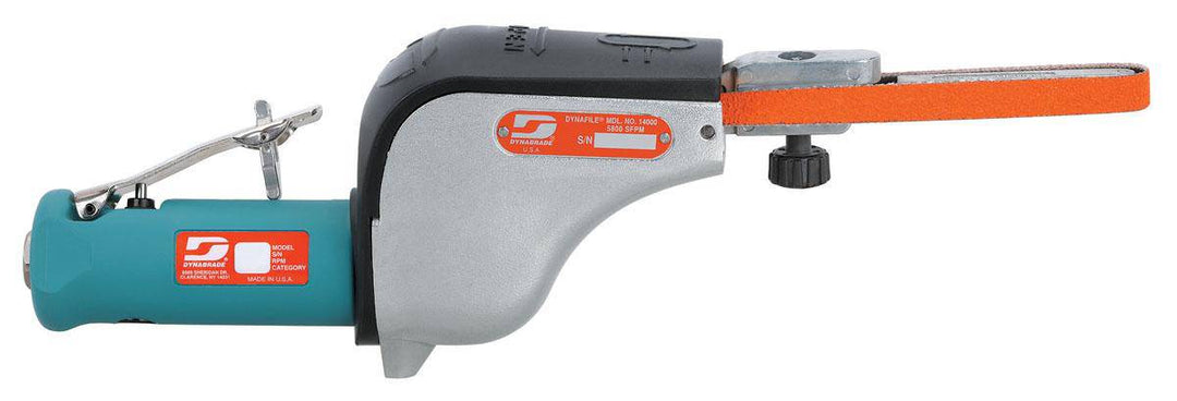 Dynabrade Dynafile 14000 pneumatic belt sander with 1/2x24 inch belt, shown in a close-up image highlighting its belt sanding features.