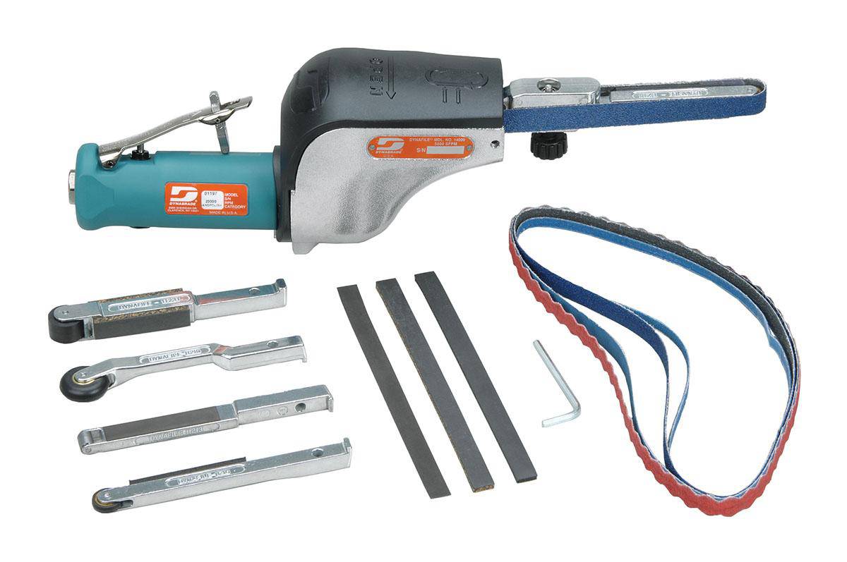 Dynabrade Dynafile 14010 pneumatic belt sander with 1/2x24 inch belt, used for metal grinding and finishing projects.