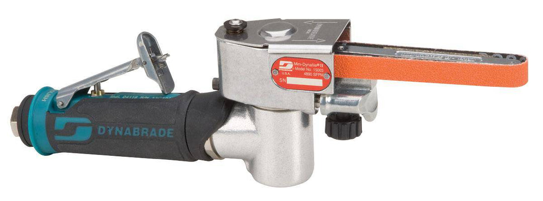 Dynabrade Dynafile 15003 pneumatic belt sander, compact mini belt sander with ergonomic grip and adjustable belt for detailed sanding.