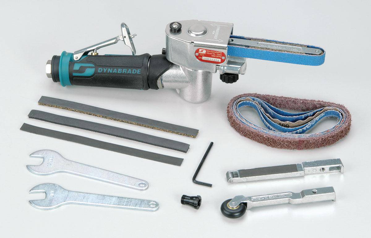 Dynabrade Dynafile 15006 pneumatic mini belt sander with 1/2x12 inch belt, compact tool for precision sanding and grinding.