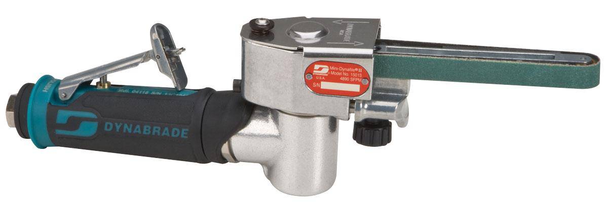 Dynabrade Dynafile II abrasive belt tool for 13-inch belts, 0.4 HP, 7-degree offset, 25000 RPM, rear exhaust, belt sander.