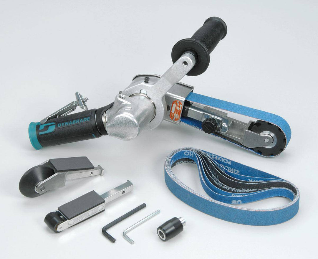 Dynabrade Dynafile III abrasive belt tool with 0.7 HP, 7-degree offset, 20,000 RPM, front exhaust, for 1/4 inch belts.