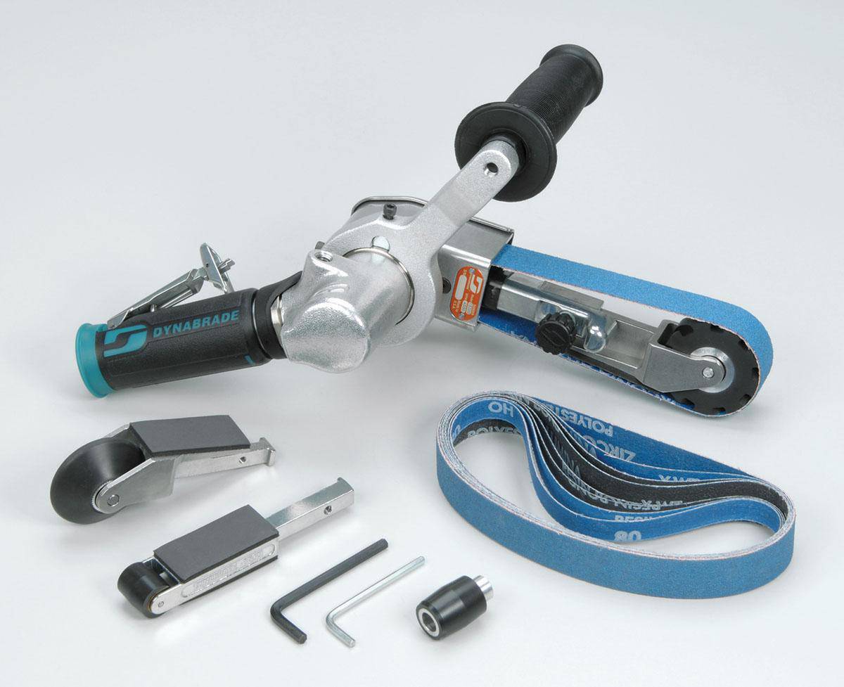 Dynabrade Dynafile III abrasive belt tool with 0.7 HP, 7-degree offset, 20,000 RPM, front exhaust, for 1/4 inch belts.