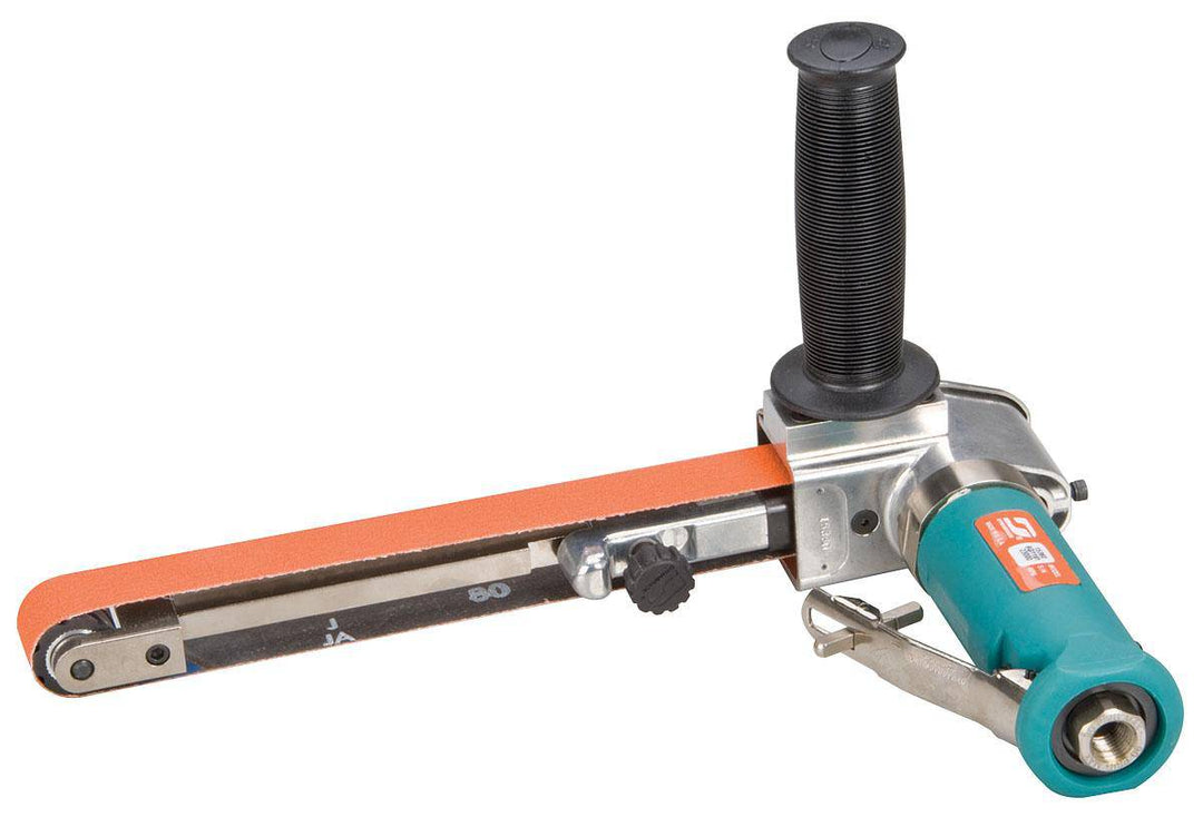 Dynabrade Dynafile III abrasive belt sander with 0.7 HP, right-angle design, 23,000 RPM, front exhaust, for 1/4 inch belts.