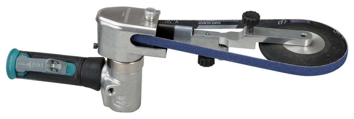 Dynabrade Dynafile III abrasive belt tool with 7 Hp, 7° offset, 20,000 RPM, front exhaust, 1/4 inch belt in use.