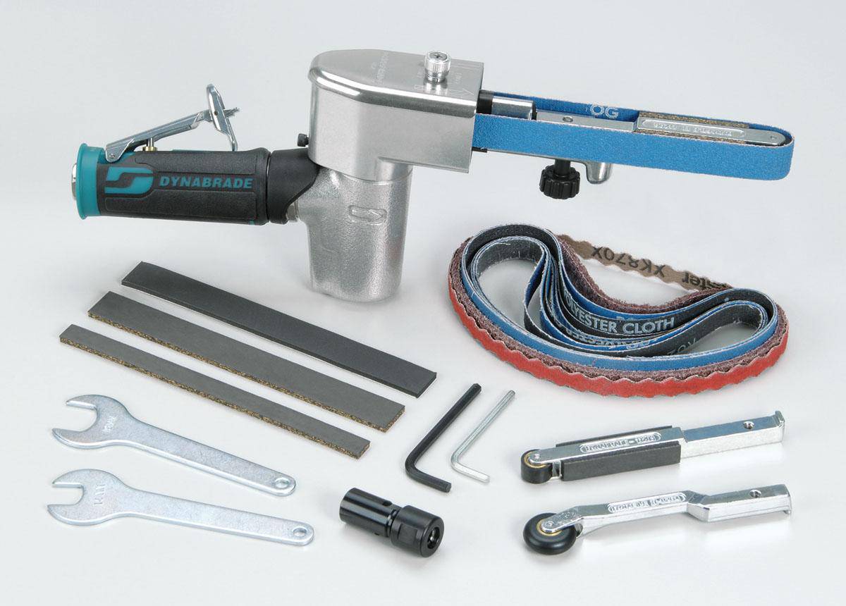 Dynabrade Dynafile II pneumatic belt sander with 3/4x18-inch belt, shown with its kit components and industrial design.