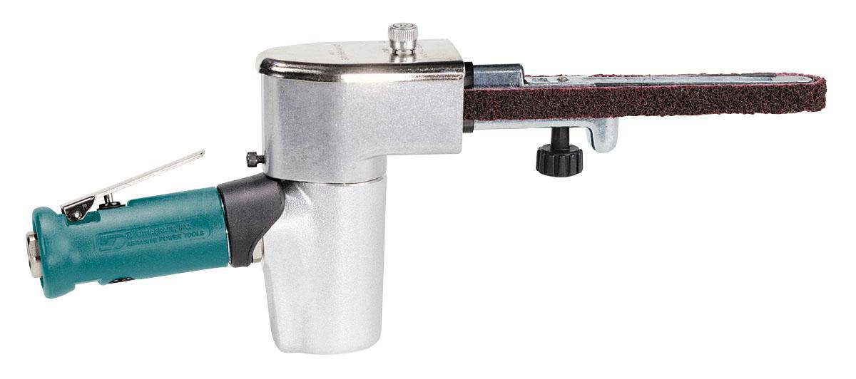Dynabrade Dynafile II pneumatic belt sander with 1/2x18 inch belt and 4550 RPM for metal grinding and finishing.