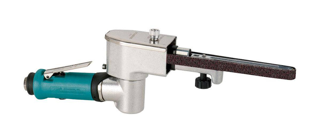 Dynabrade Dynafile II abrasive belt tool with 0.4 HP, 7-degree offset, 25,000 RPM, front exhaust for non-woven nylon belts.