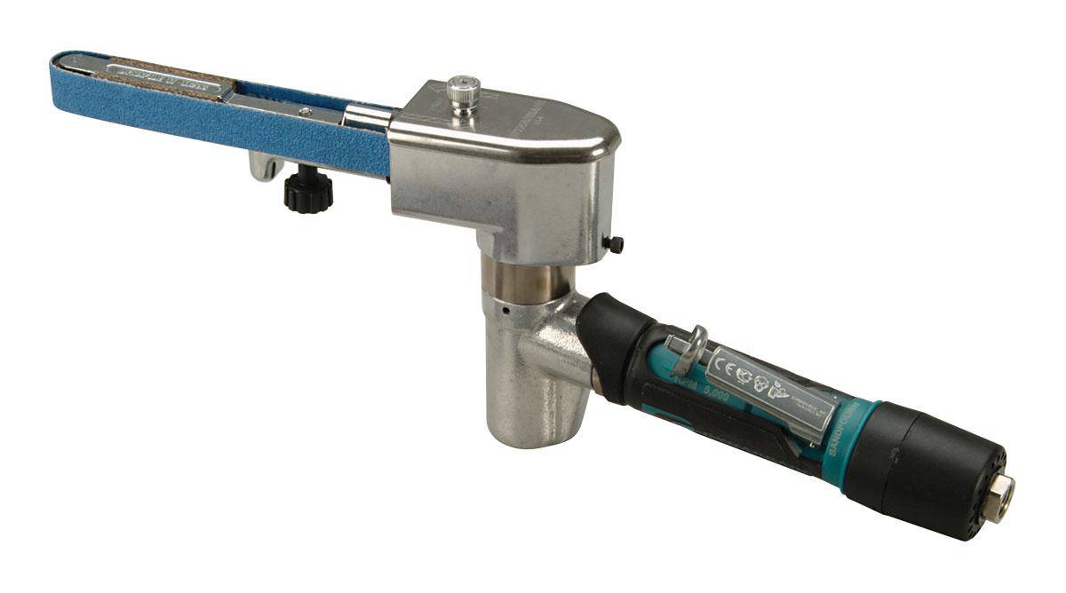 Dynabrade Dynafile II abrasive belt sander with 7-degree offset, 4 HP, 5000 RPM, front exhaust, for 1/4 to 3/4 inch belts.