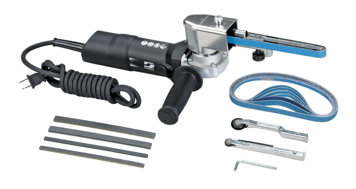 Dynabrade Dynafile 40611 electric belt sander with abrasive belt kit, showing the tool and belts for versatile grinding and finishing.