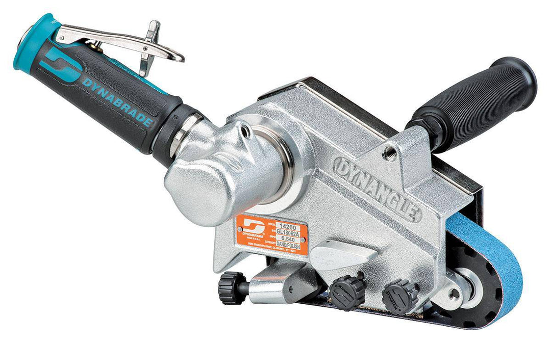 Dynabrade Dynangle 14200 abrasive belt tool with 7 HP, 7-degree offset, 20000 RPM, rear exhaust, for 1x18 belts.
