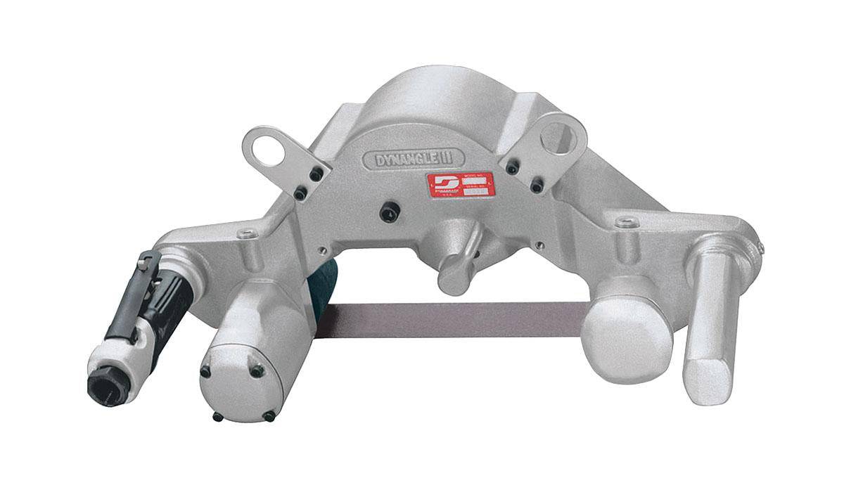 Dynabrade Dynangle II abrasive belt sander with 1.2 HP motor, straight-line design, rear exhaust, suitable for 2x34 belts.