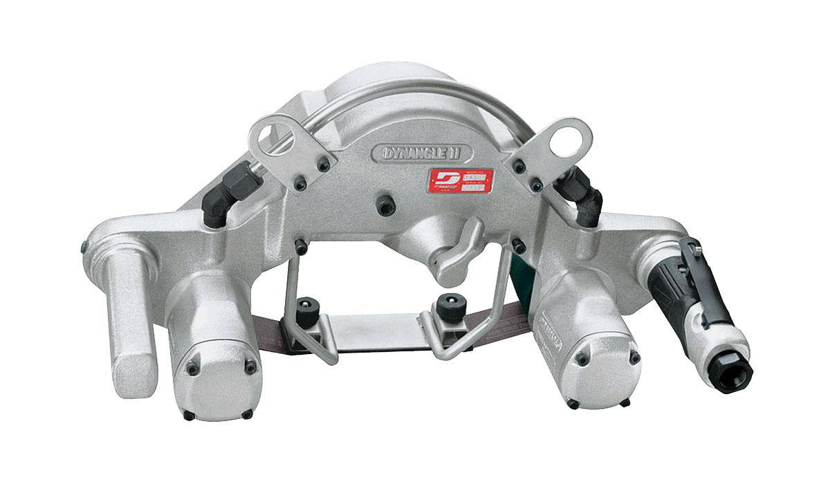 Dynabrade Dynangle 14303 belt sander with dual motors, platen pad, 2.4 HP, 13000 RPM, shown in a close-up view.