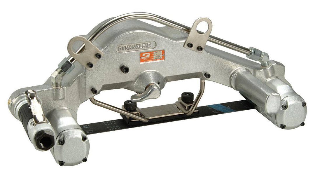 Dynabrade Dynangle II abrasive belt tool with dual motors, 2.4 HP, straight-line design, rear exhaust, for 2x45 belts.