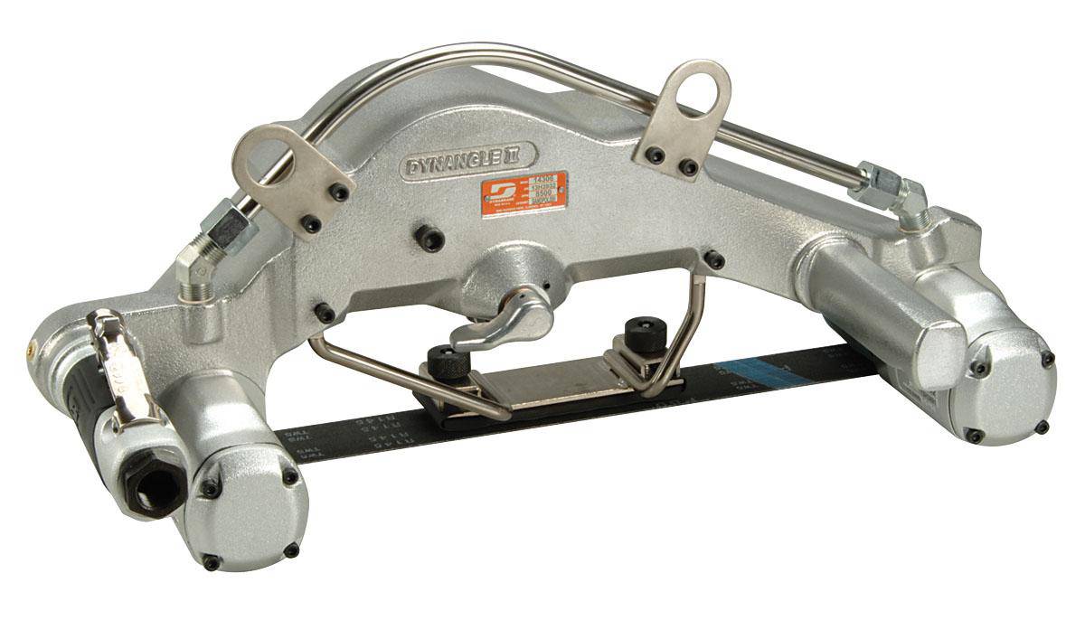 Dynabrade Dynangle II abrasive belt tool with dual motors, 2.4 HP, straight-line design, rear exhaust, for 2x45 belts.