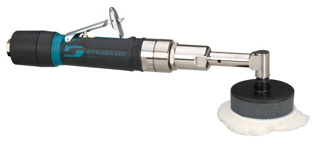 Dynabrade 49440 3-inch angle-head rotary buffer with 0.4 HP, 3200 RPM, rear exhaust, and 1/4-20 male adapter thread.
