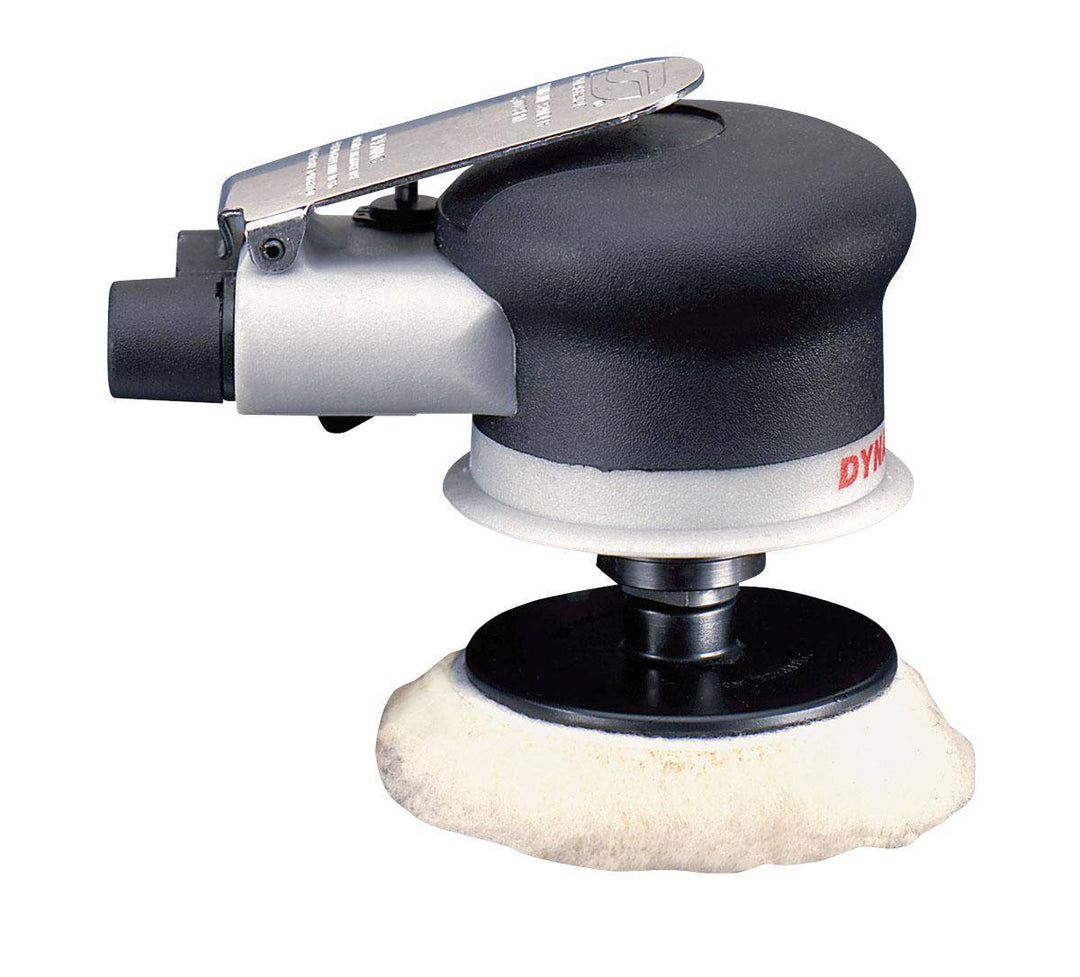 Dynabrade 57550 3-inch palm-style rotary buffer with 0.25 HP motor, 2400 RPM, rear exhaust, and 1/4-20 spindle thread.