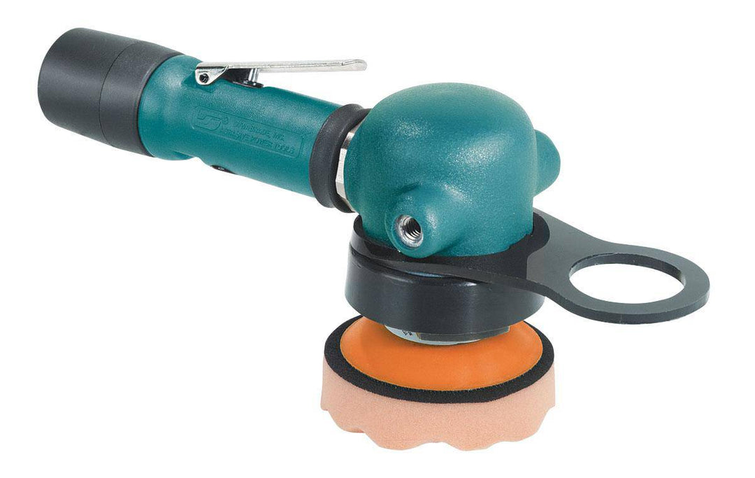 Dynabrade Dynabuffer 57126 3-inch random orbital polisher with rear exhaust, 0.16 HP, 10,000 RPM, 14mm orbit, 5/16-24 female thread.