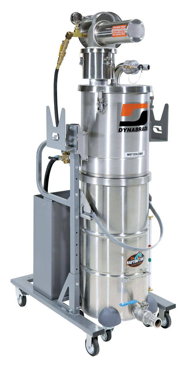 Dynabrade Raptor 61463 portable air-powered vacuum system with collection accessories, designed for industrial cleaning tasks.