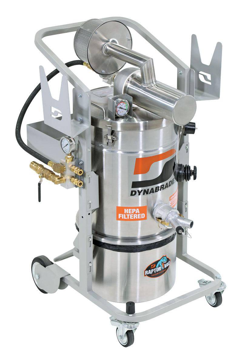 Dynabrade Raptor 61465 portable vacuum system with vacuum hose and accessories for industrial dust collection and cleaning.