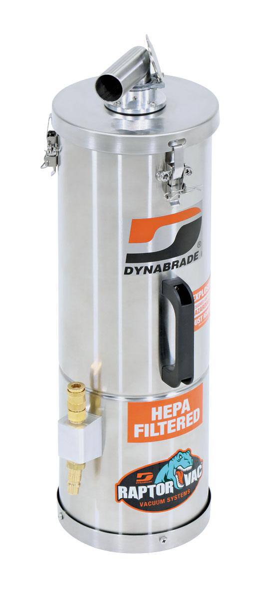 Dynabrade Raptor 61470 pneumatic vacuum wall-mount style collector and accessory for industrial dust extraction system.
