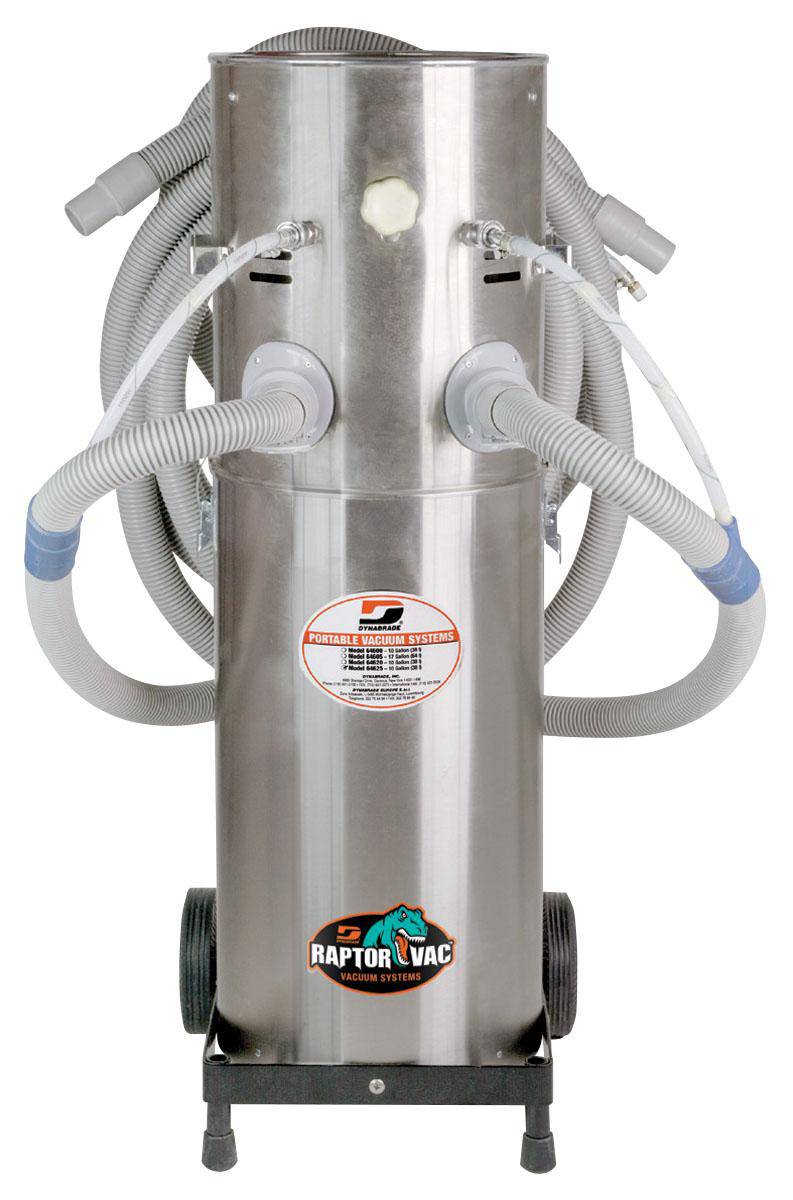 Dynabrade Raptor 64635 portable vacuum system with conductive hoses, air-powered collector and accessories for industrial cleaning.