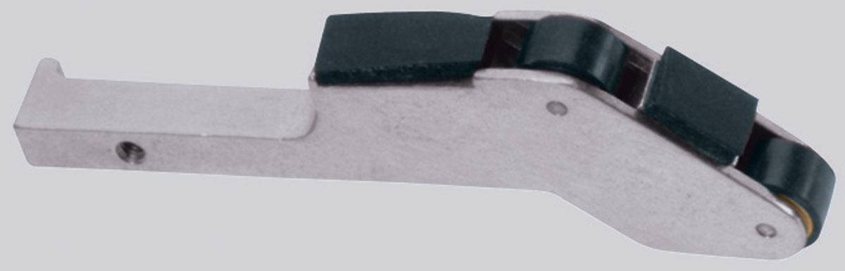 Dynabrade 11200 contact arm assembly with 5/8 inch diameter rubber wheel and platen between two contact wheels.