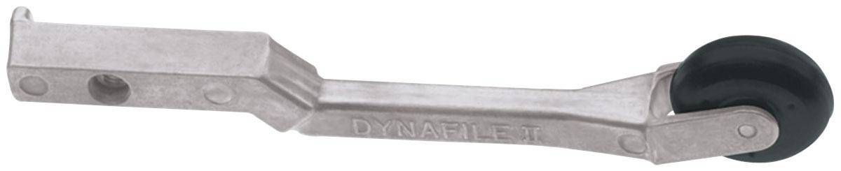 Dynabrade 11204 contact arm assembly with 1-inch rubber wheel, 70 durometer, radiused belt, suitable for various belt sizes.