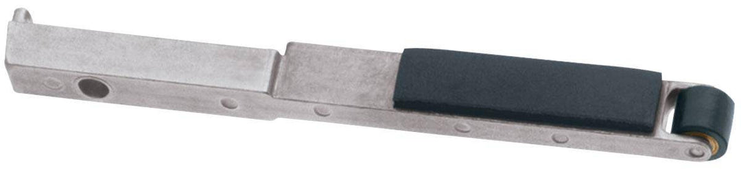 Dynabrade 11214 contact arm assembly with 7/16 inch rubber wheel, 3/8 inch width, and 1/2 inch W platen for abrasive tools.