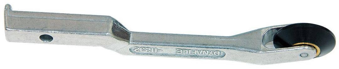 Dynabrade 11232 contact arm assembly with 1-inch diameter tapered rubber wheel and no platen, used for industrial grinding tools.