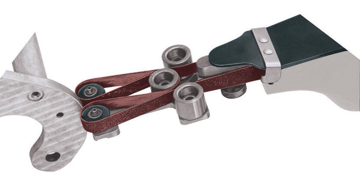 Dynabrade 11234 contact arm assembly with 1-inch rubber wheel and no platen, used for precision grinding and polishing tools.