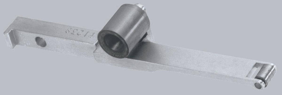 Dynabrade 11237 contact arm assembly with 1/4 inch diameter steel wheel for polishing turbine blades, designed for precision grinding.