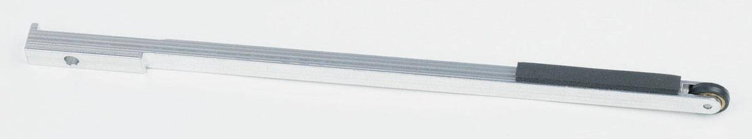 Dynabrade 11241 contact arm assembly with 5/8 inch rubber wheel, 1/4 inch platen, and 9-inch reach, for pneumatic tools.