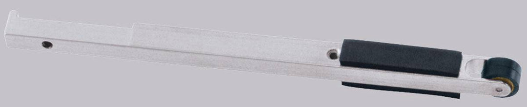 Dynabrade 11244 contact arm assembly with 5/8 inch rubber wheel, 3/8 W, 1/2 inch W platen, 14-inch reach, for industrial tools.