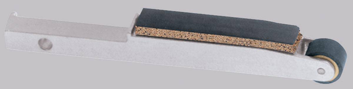 Dynabrade 11262 contact arm assembly with 5/8 inch diameter rubber wheel, offset design to prevent gouging during use.