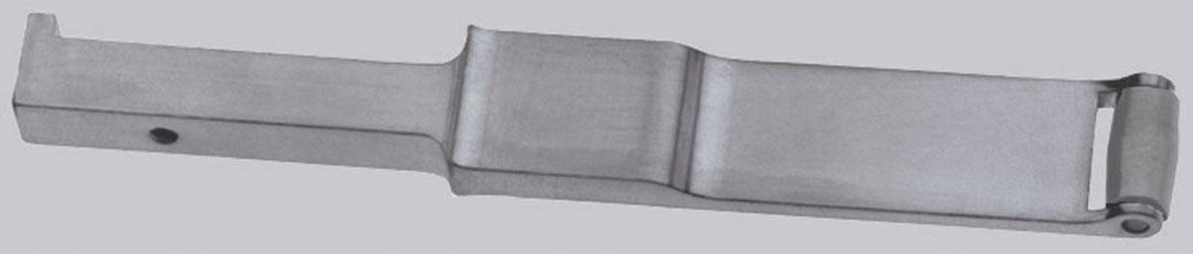 Dynabrade 11301 contact arm assembly with 5/16-inch diameter steel wheel for polishing turbine blades, designed for industrial use.