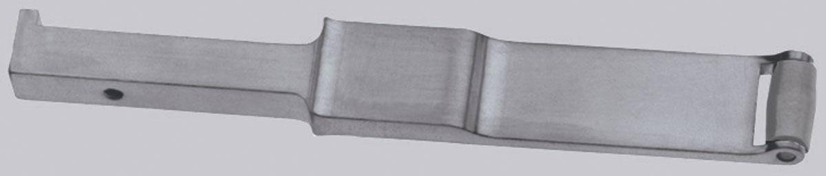 Dynabrade 11301 contact arm assembly with 5/16-inch diameter steel wheel for polishing turbine blades, designed for industrial use.