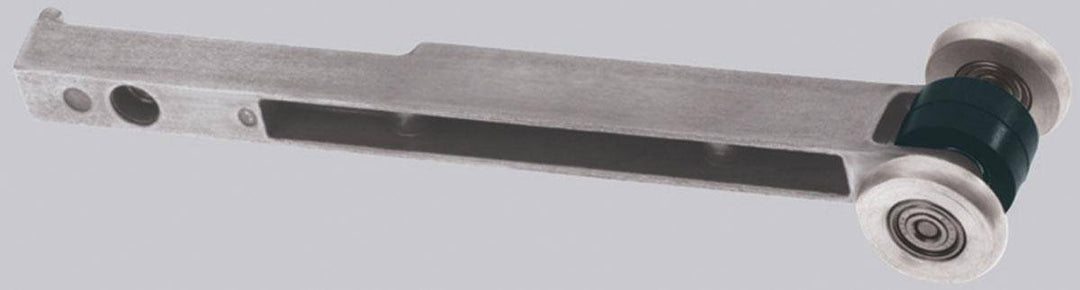 Dynabrade 11322 contact arm assembly with 5/8 inch rubber wheel, 3/8 inch width, and guide wheels for pneumatic tools.